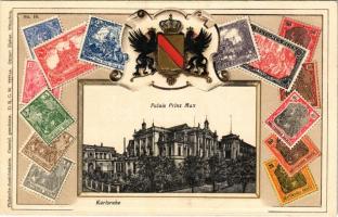 Karlsruhe, Palais Prinz Max / palace, set of German stamps, coat of arms. Philatelie-Ansichtskarte Ottmar Zieher Nr. 10. Art Nouveau, litho, Emb. (tiny pinhole)