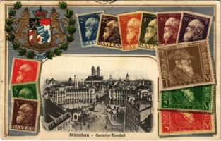 1911 München, Munich; Karlstor Rondell/ square, set of Bavarian stamps, coat of arms, Art Nouveau, litho, Emb. (Rb)