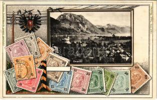 Gmunden, set of Heller stamps, coat of arms, Philatelie-Ansichtskarte Carl Otto Hayd, Art Nouveau, litho, Emb. (creases)
