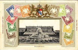 Herrenchiemsee, Kgl. Schloss / royal palace, fountain, set of Bavarian stamps, coat of arms, Philatelie-Ansichtskarte Ottmar Zieher, litho, Emb. (small tear)
