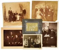 cca 1890-1920 Régi családi fotók, csoportképek, köztük kitüntetett katonatiszt és huszártiszt; össz. 6 db, vegyes állapotban, 11x8 cm és 26,5x23 cm között