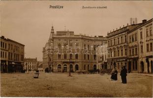 Prostejov, Prossnitz; Zerotínovo námestí. Knihtiskarna Jos. Vrly. Pivnice Akcidvéhd Pivova / square, shops. J. Horák fotograf