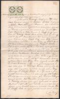 Kolozsvár 1855 Okmány 2 x 15kr C.M. okmánybélyeggel, az egyik papírráncos