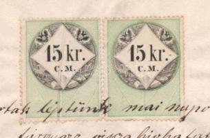 Kolozsvár 1855 Okmány 2 x 15kr C.M. okmánybélyeggel, az egyik papírráncos