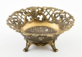 Olasz áttört mintás kínáló, bronzírozott fém, jelzéssel, kis kopással, d: 21,5 cm, m: 8,5 cm