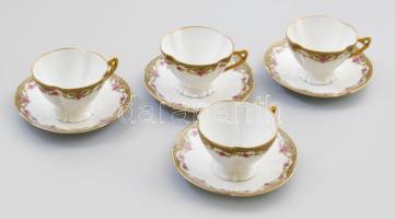 4 darab antik Limoges porcelán csésze alátéttel. Jelzéssel, kopással, d: 14 cm, m: 6 cm