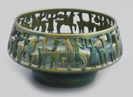 Zsolnay eozin mázas kaspó, fajansz, Kovács István terv. Jelzett, minimális kopás nyomokkal, m: 10 cm, d: 20 cm