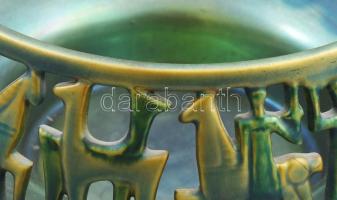 Zsolnay eozin mázas kaspó, fajansz, Kovács István terv. Jelzett, minimális kopás nyomokkal, m: 10 cm...