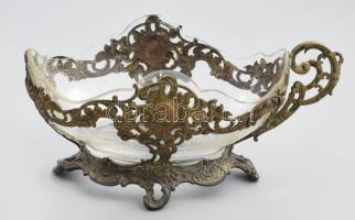 Szecessziós stílusú üvegbetétes kínáló, csiszolt mintás üveggel, letört füllel, kopással, 25x15x12 cm