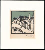 Kós Károly (1883-1977): Utcakép. Linómetszet, papír, paszpartuban, utólagos jelzéssel, 10×10 cm