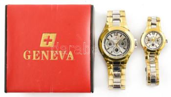 Geneva férfi és női karóra, kvarc, fém szíjjal, szép állapotban, díszdobozban