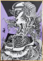 Hollóházi Szász Endre által tervezett porcelán kép, 11,5x8,5 cm, keretbe ragasztva, hibátlan