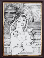Hollóházi Szász Endre által tervezett porcelán kép, 12,5x8,5 cm, keretezve, hibátlan