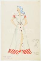 Radó Zsuzsa divattervező, működött a XX. sz. közepén: Ruhaterv, 1940 k. Ceruza, akvarell, papír, pecséttel jelzett. 29x20 cm