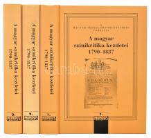 Kerényi Ferenc (szerk.): A magyar színikritika kezdetei I-III. Bp., 2000, Mundus Magyar Egyetemi Kiadó. Kiadói kartonált kötés, olvasatlan, szép állapotban.
