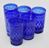 Dúsan csiszolt kristályüveg kék vizespohár, 6 db, original dobozban, hibátlan, m: 13 cm