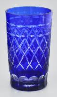 Dúsan csiszolt kristályüveg kék vizespohár, 6 db, original dobozban, hibátlan, m: 13 cm