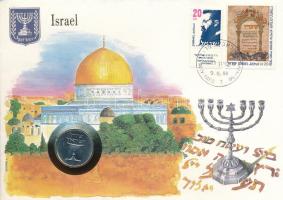 Izrael 1984. 1Sh Cu-Ni felbélyegzett borítékban, bélyegzéssel T:UNC,AU Israel 1984. 1 Sheqel Cu-Ni in envelope with stamp and cancellation C:UNC,AU