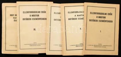 Ellenforradalmi erők a magyar októberi eseményekben I-IV. köt. + Nagy Imre és bűntársai ellenforradalmi összeesküvése. Bp., én., Magyar Népköztársaság Minisztertanácsa Tájékoztatási Hivatala. Fekete-fehér fotókkal illusztrált. Kiadói papírkötés