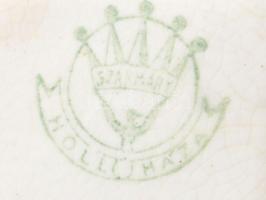 Hollóházi paprika és bors feliratokkal fedeles fűszertartó, fajansz, sérülésekkel, m: 9 cm