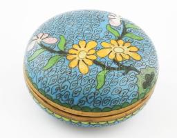 Antik kínai tűzzománc mintás bonbonier, bronz, kopással, d: 8 cm