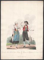 cca 1820-1830 "Egerische Land-Leute beym Tanze/Paysan et paysane du cercle d Eger", Vienne, T. Mollo et Co., kézzel színezett litográfia, kissé foltos, körbevágott, 30,5x22,5 cm