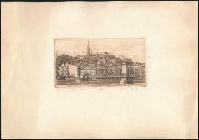 Gönczi Béla (1934- ): Budapest, látkép a Lánchíddal és a Mátyás-templommal, 1984. Rézkarc, papír. Jelzett, számozott: 1736/2000. Kisebb lapszéli gyűrődésekkel, 7,5x13,5 cm + 2 db a budapesti Operaházat ábrázoló rézkarc, jelzés nélkül, kissé foltos lapszélekkel, 4x5,5 cm + Tóparti életkép, fénynyomat, papír, jelzett a dúcon, levelezőlapként elküldve, 6x9 cm