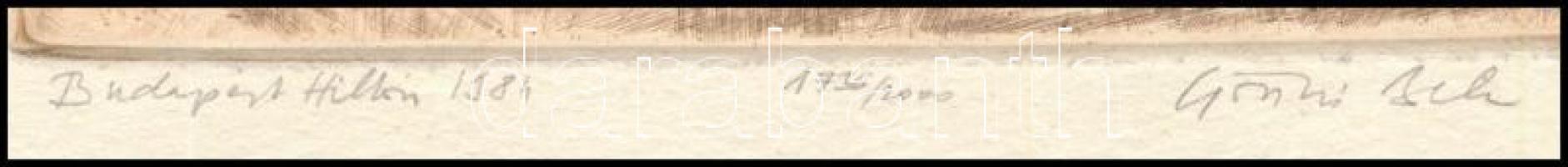 Gönczi Béla (1934- ): Budapest, látkép a Lánchíddal és a Mátyás-templommal, 1984. Rézkarc, papír. Je...