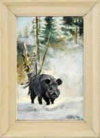 Szűcs Tibor (?-): Téli vadkan. Olaj, farost. Jelzett. Hátoldalán címkén Szűcs Tibor autográf ajándékozási soraival. Fakeretben. 30x20 cm