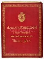 cca 1910-1930 Fuchs Emil (?-?): Kurucvilág. Op. 50 No 1. zongorára. Kézzel írt kotta, 4 oldalon, aláírással és ajánló sorokkal: "Őnagysága Fleischer Kornélné urasszonynak hodolatteljes tisztelettel ajánlja a szerző". Dekoratív, aranyozott egészvászon borítóval, a borítón dombornyomott címerrel és Auguszta főhercegnőnek (Habsburg József Ágost főherceg feleségének) címzett sorokkal.