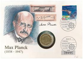 NSZK 1957J 2M aranyozott Cu-Ni "Max Planck" felbélyegzett borítékon, alkalmi bélyegzéssel T:AU FRG 1957J 2 Mark gilt Cu-Ni "Max Planck" in envelope with stamp and cancellation C:AU