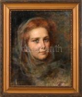 Ferraris Artúr (1856-1936): Fiatal hölgy arcképe. Olaj, vászon. Jelezve jobbra lent (halványan). Hátoldalán férfi portré vázlat. Dekoratív fakeretben. 30x24 cm