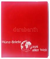 "Münz Briefe aus aller Welt" piros, plüssborítású, négygyűrűs album, 40db kettes osztású berakólappal. Használt, jó állapotban