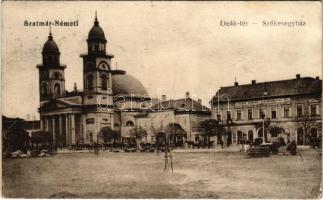 1917 Szatmárnémeti, Szatmár, Satu Mare; Deák tér, Székesegyház, Takarékpénztár, piac. Vasúti levelezőlapárusítás 627. / square, cathedral, savings bank, market (ázott / wet damage)