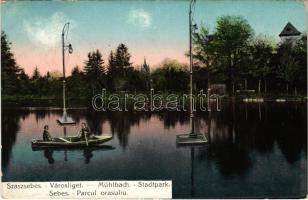 1912 Szászsebes, Mühlbach, Sebesul Sasesc, Sebes; Városliget, csónakázók. J. Hientz kiadása / Stadtpark / park, rowing boats (EB)