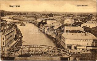 1915 Nagyvárad, Oradea; Körös látképe, híd, zsinagóga, Strohmayer Pál, Jánky Antal üzlete, Gazdasági és Iparbank / Cris riverside, bridge, synagogue, shops, bank (EK)