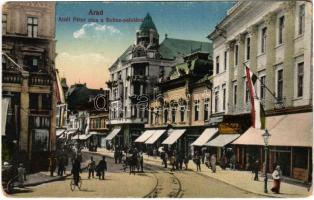 1917 Arad, Atzél Péter utca, Bohus palota, magyar zászlók, üzletek. Kerpel Izsó kiadása / street view, palace, Hungarian flags, shops (EM)