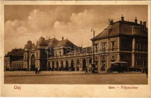 1930 Kolozsvár, Cluj; Gara / Pályaudvar, vasútállomás, autóbusz, automobil / railway station, autobus, automobile (EK)