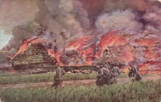 Égő falu Orosz-Lengyelországban / Military WWI, Burning village in Russia-Poland