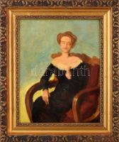 Jelzés nélkül, XX. sz. eleje: Női portré. Olaj, falemez. Dekoratív, kissé sérült fakeretben. 41,5×32 cm