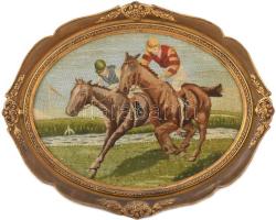 Antik historizáló, aranyozott, üvegezett fakeret, lovassport témájú szövet képpel, hátoldalán kopásokkal és korabeli képkeretező címkével, belső méret: 30×40 cm
