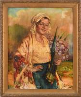 Ivanácz Zsolt József (1869-?): Lány népviseletben és virágokkal. Olaj, vászon. Jelezve jobbra lent. Dekoratív korabeli, kissé sérült fakeretben. 43x34 cm