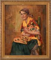 Ivanácz Zsolt József (1869-?): Lány népviseletben. Olaj, vászon. Jelezve balra lent. Dekoratív korabeli, kissé sérült fakeretben. 43x34 cm