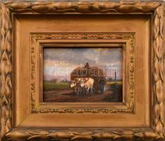 Kovács L jelzéssel: Ökrös szekér. Olaj, falemez. Dekoratív, üvegezett fakeretben. 9,5x13 cm