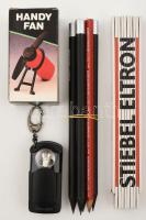 2 m-es zollstock + elemes kézi ventilátor + kulcstartó elemlámpa + 5 db ácsceruza