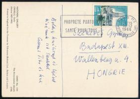 1966 Csernus Tibor (1927-2007) Kossuth-díjas festő, grafikus és felesége saját kézzel írt karácsonyi és újévi üdvözlő sorai, egy képeslapon, Szekeres György (1914-1973) újságíró, műfordító, az Európa Kiadó főszerkesztője részére, saját kezű aláírásaikkal