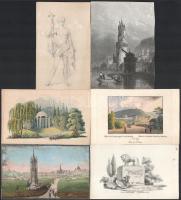 6 db XIX. századi grafikákról készült vegyes nyomat/metszet, részben jelzettek, vegyes állapotban, 13,5x8,5 cm körül