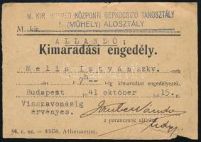 1941 M. kir. Honvéd Központi Gépkocsizó Tanosztály 5. (Műhely) állandó kimaradási engedély, szakadással
