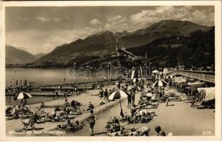 Millstatt am See (Kärnten); Strandbad / beach, bathing people, diving platform, diving tower (fl)