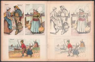 cca 1920 Tipos y trajes, európai népviseleteket bemutató színező képeslapfüzet, részben kiszínezve, ...